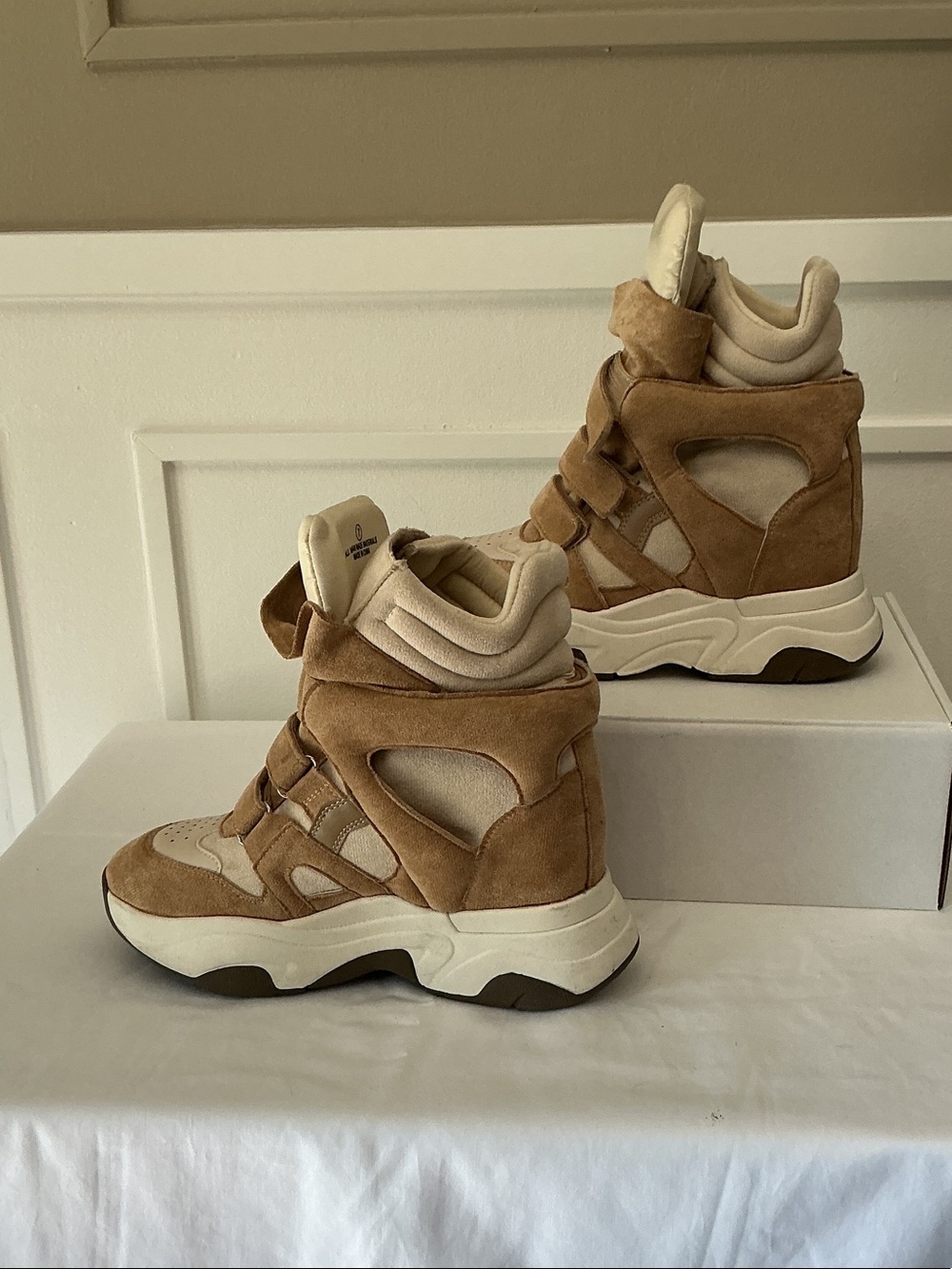 High-Top Suede Platform Sneakers in Tan and Cream - Women's - Picture 3 of 6